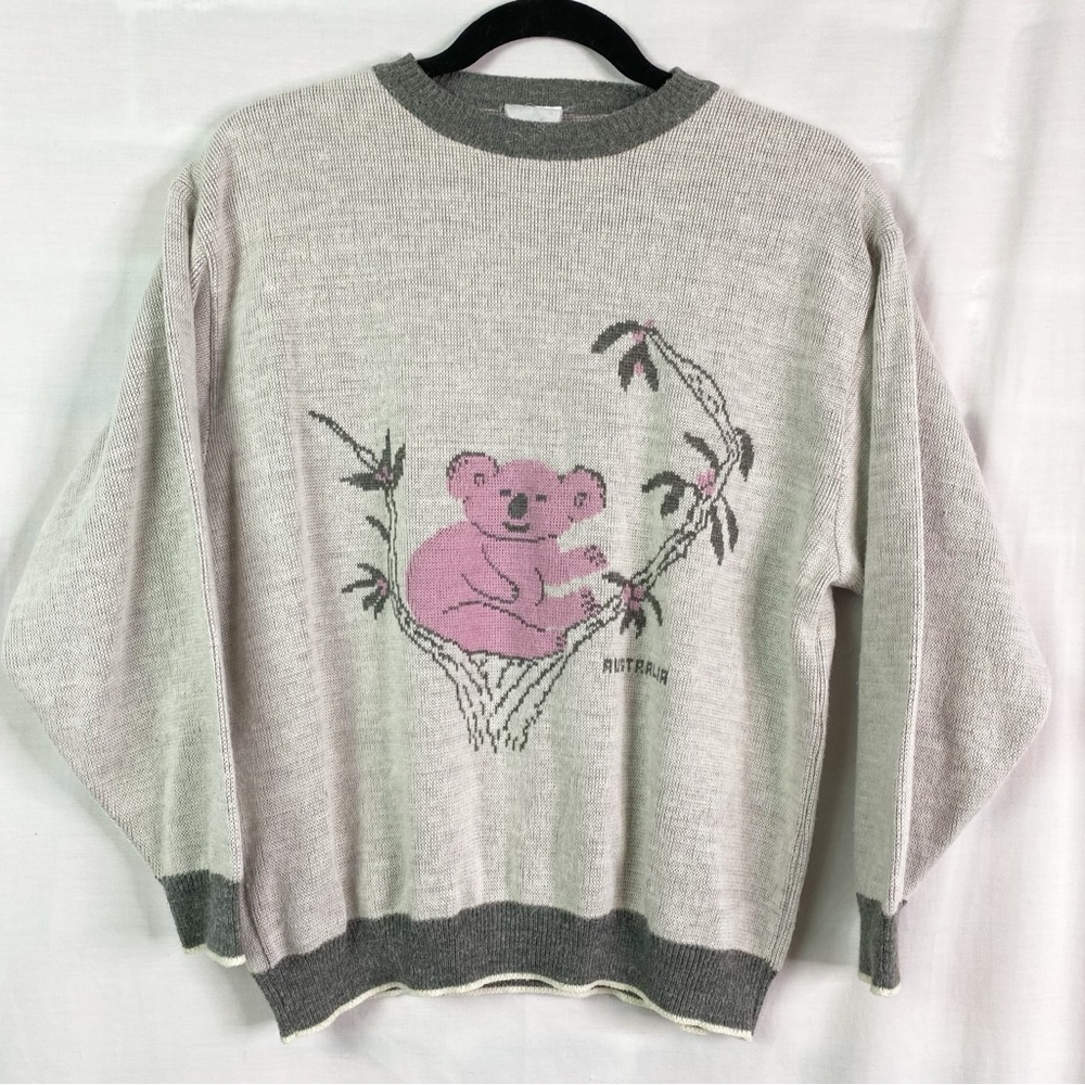 Vintage Australian Gray Wool Blend Pink Koala Sweater Med
